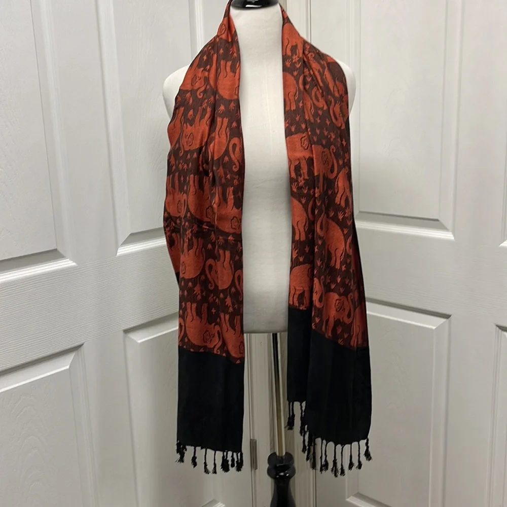 Orange & Black Elephant Fringed Long Scarf